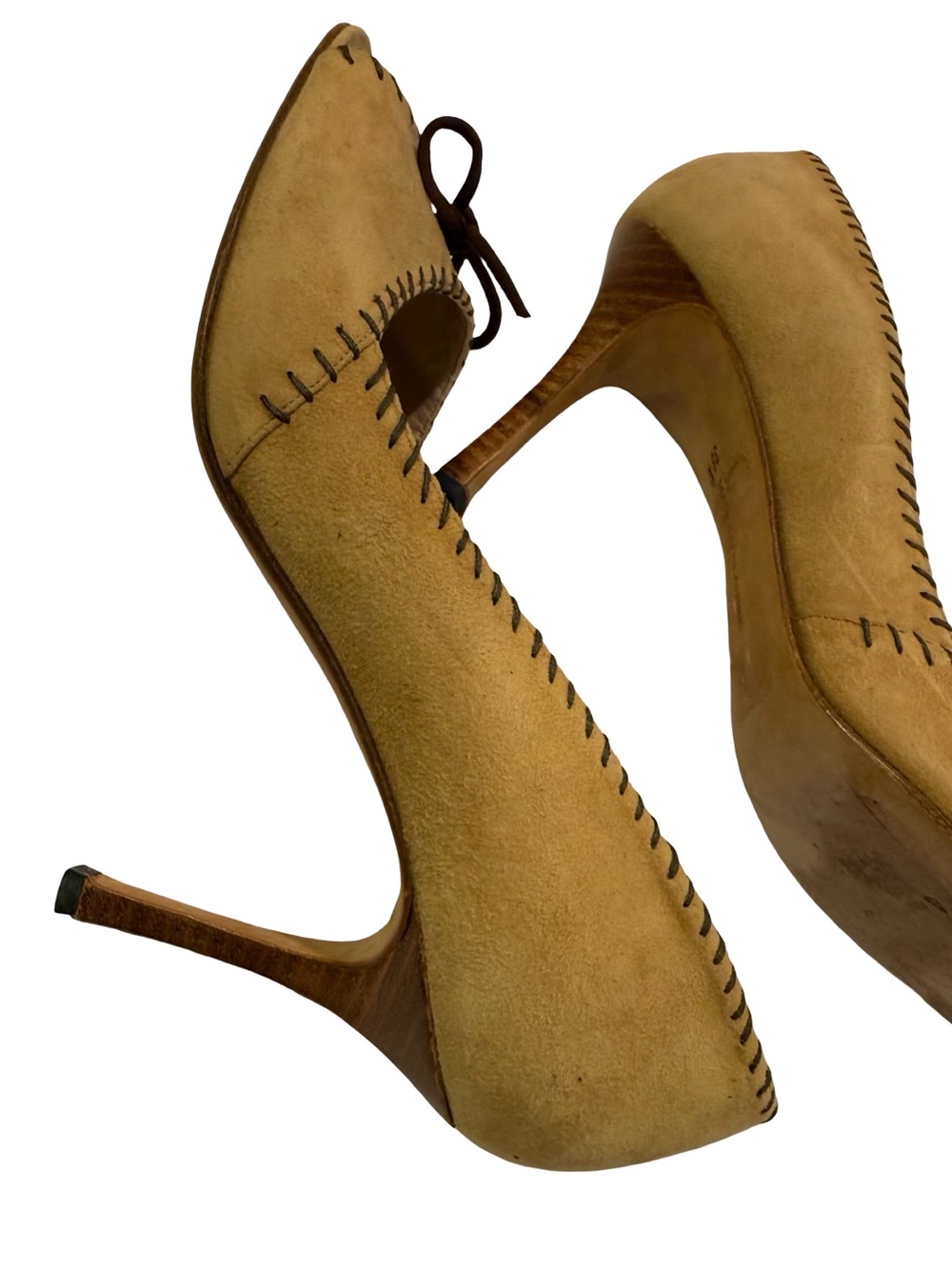 Vintage Manolo Blahnik Suede Peep Toe High Heels Camel 38.5 - Picture 11 of 12